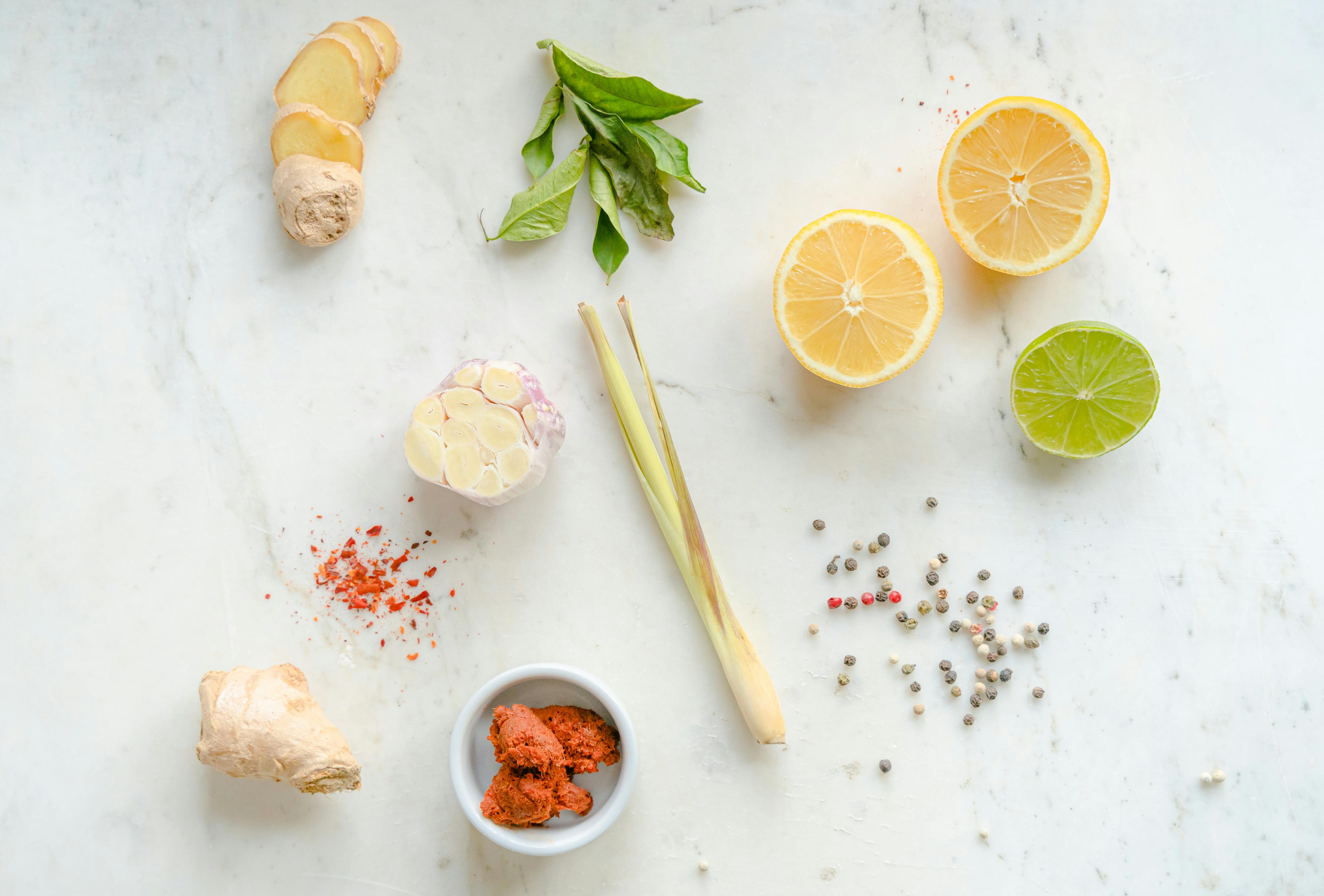 Ayurvedic items on a table, including lime and lemon